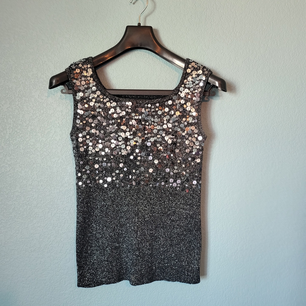 Lauren Michelle Glittering Silver and Black Tank Top Sequin